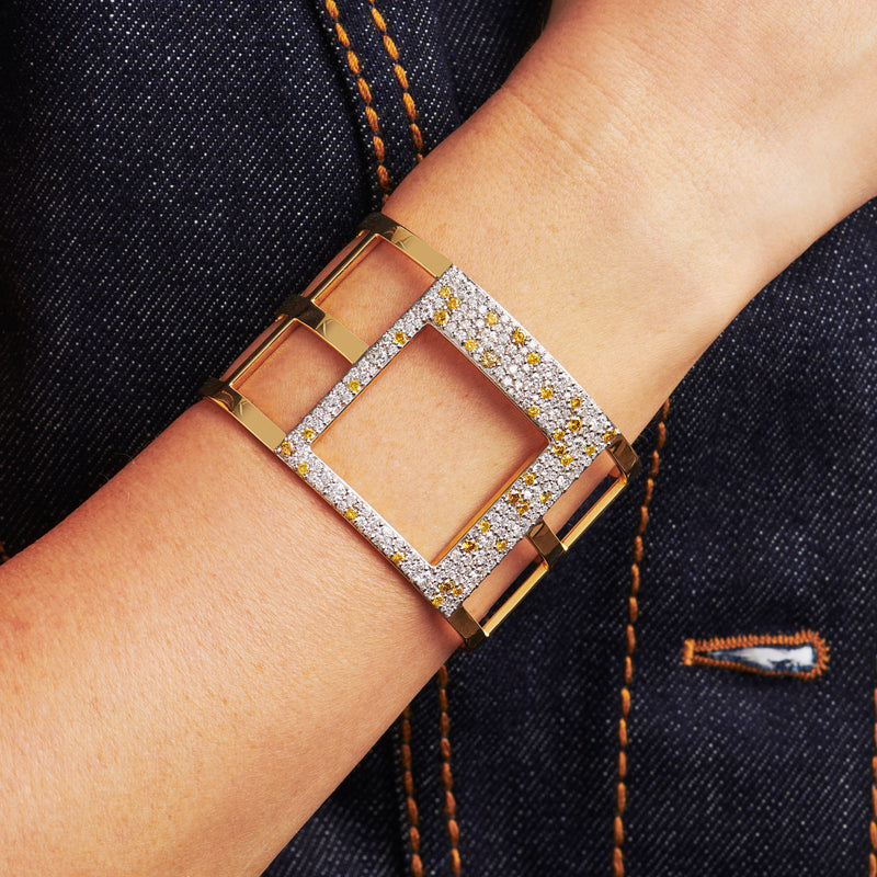 Cubist Offset Square Pane Cuff with White and Canary Diamonds