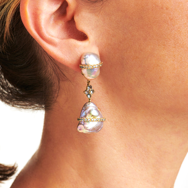 Baroque Pearl Drop Earrings with Denim Sapphires