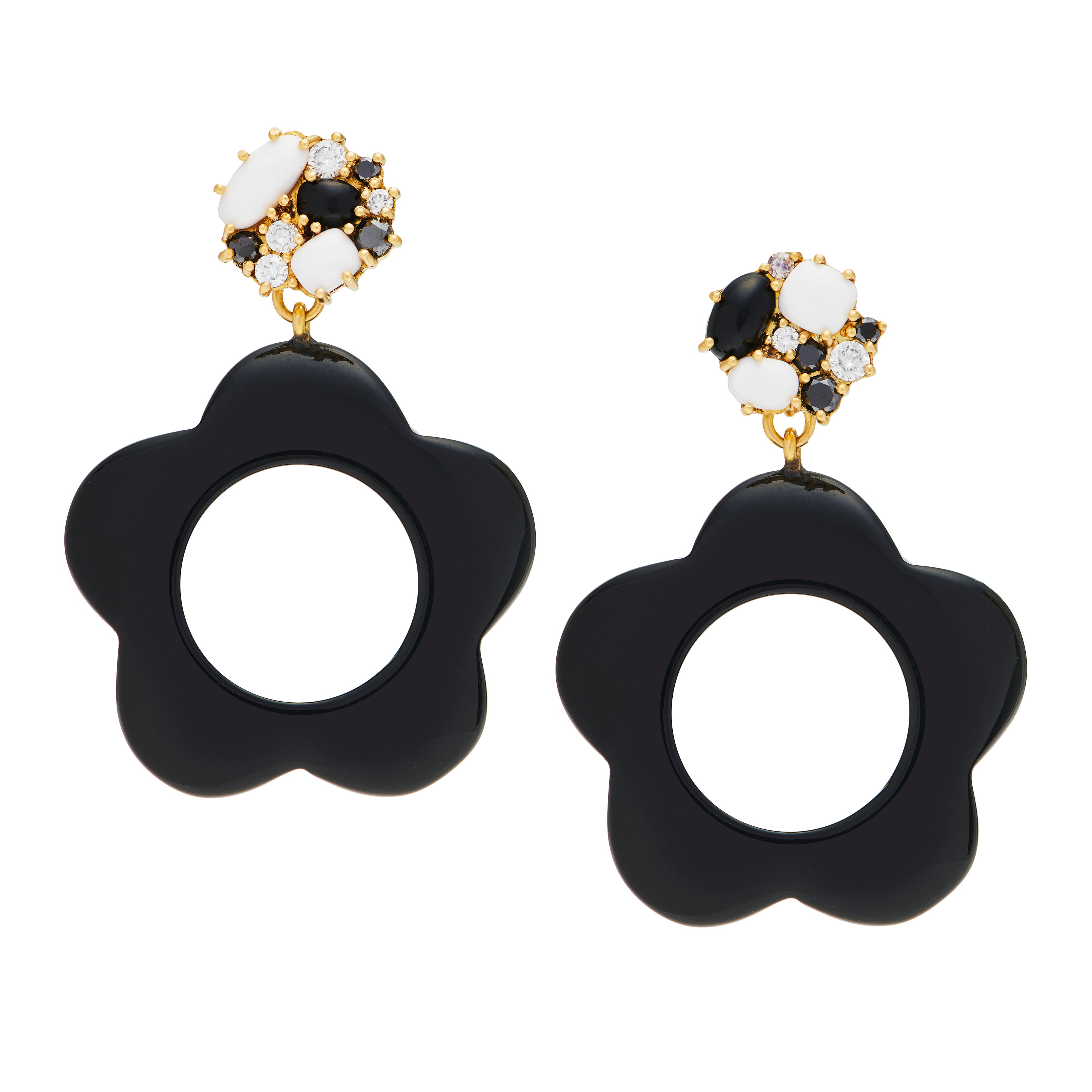 Gogo Black and White Stud Earrings with Detachable Onyx Flower Drops Rush Jewelry Design
