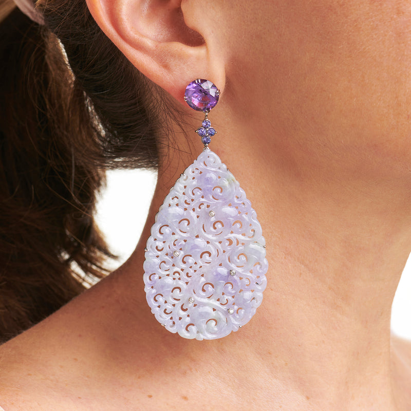 Lavender Jadeite Statement Earrings with Diamonds, Tanzanite, and Amethyst