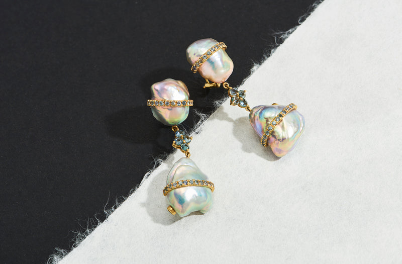 Baroque Pearl Drop Earrings with Denim Sapphires