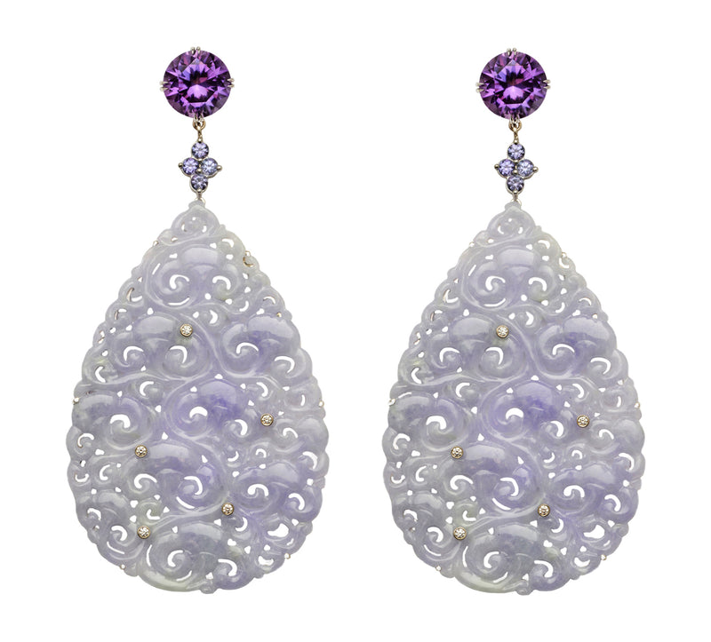 Lavender Jadeite Statement Earrings with Diamonds, Tanzanite, and Amethyst