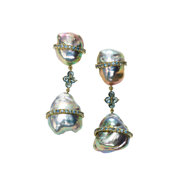 Baroque Pearl Drop Earrings with Denim Sapphires