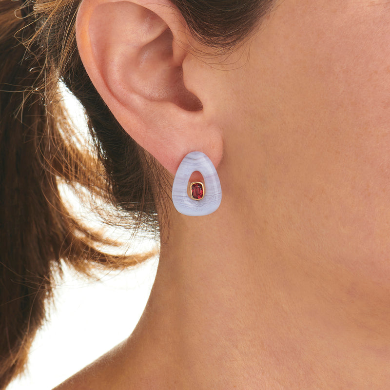 Old Fashioned Pink Spinel and Blue Chalcedony Earrings